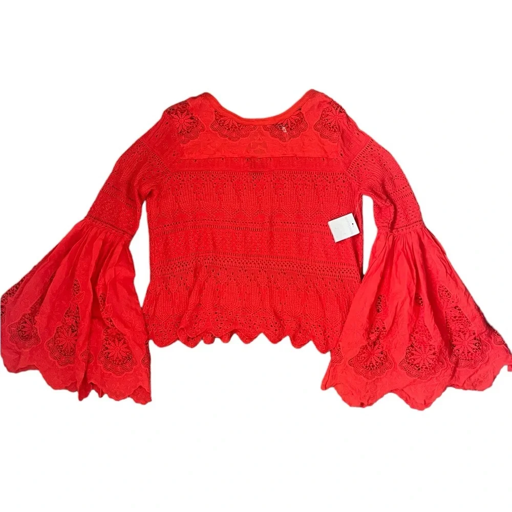 Free People Once Upon A Time Lace Crochet Bell Sleeve Red Blouse Sz XS